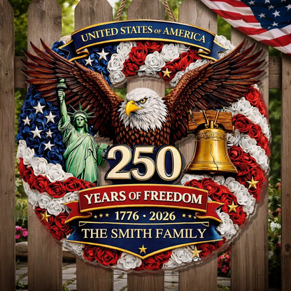 250 Years of Freedom American Eagle Wood Sign, Personalized Family Name, Patriotic USA 1776-2026 Decoration
