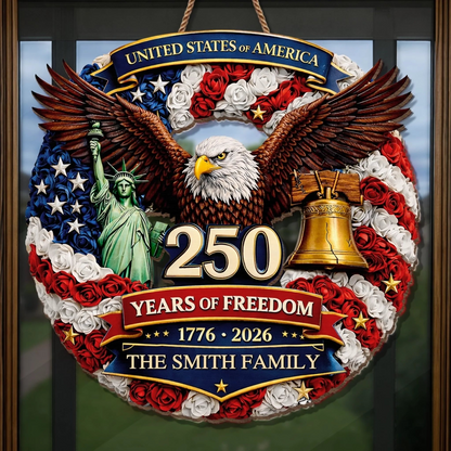 250 Years of Freedom American Eagle Wood Sign, Personalized Family Name, Patriotic USA 1776-2026 Decoration