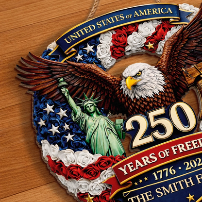 250 Years of Freedom American Eagle Wood Sign, Personalized Family Name, Patriotic USA 1776-2026 Decoration