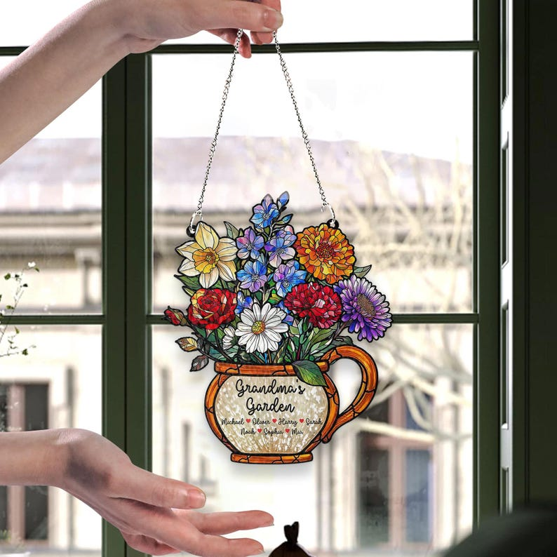 Personalized Grandma's Garden Suncatcher, Birth Month Flower Stained Glass Acrylic Window Hanging, Mother's Day Gift, Grandma Gift, Mom Gift