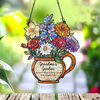 Personalized Grandma's Garden Suncatcher, Birth Month Flower Stained Glass Acrylic Window Hanging, Mother's Day Gift, Grandma Gift, Mom Gift