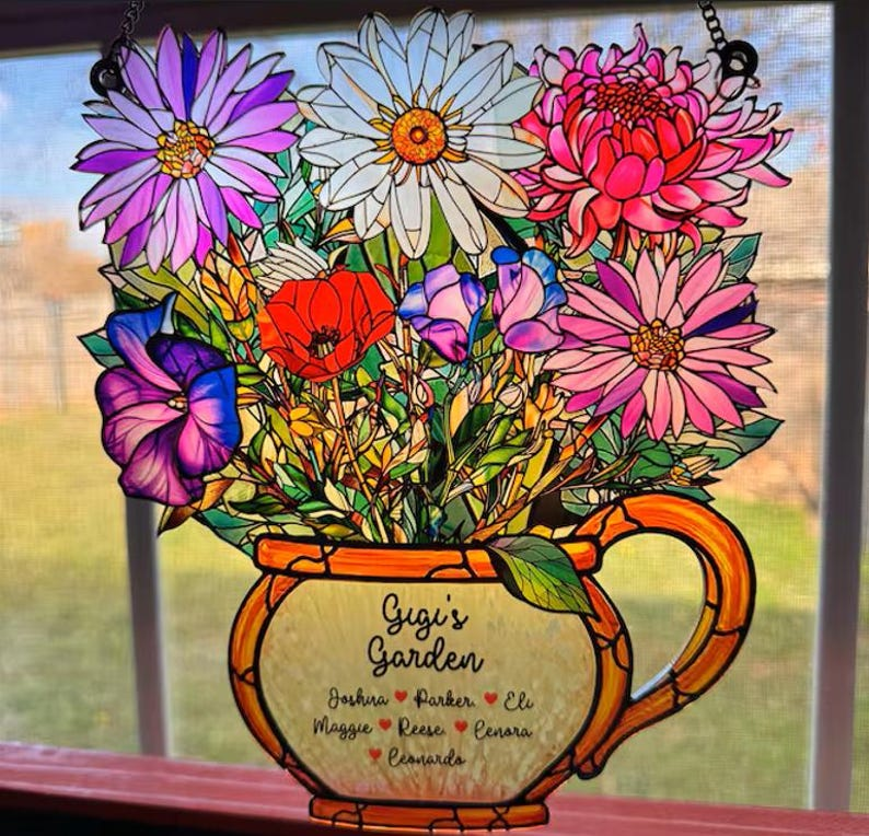 Personalized Grandma's Garden Suncatcher, Birth Month Flower Stained Glass Acrylic Window Hanging, Mother's Day Gift, Grandma Gift, Mom Gift