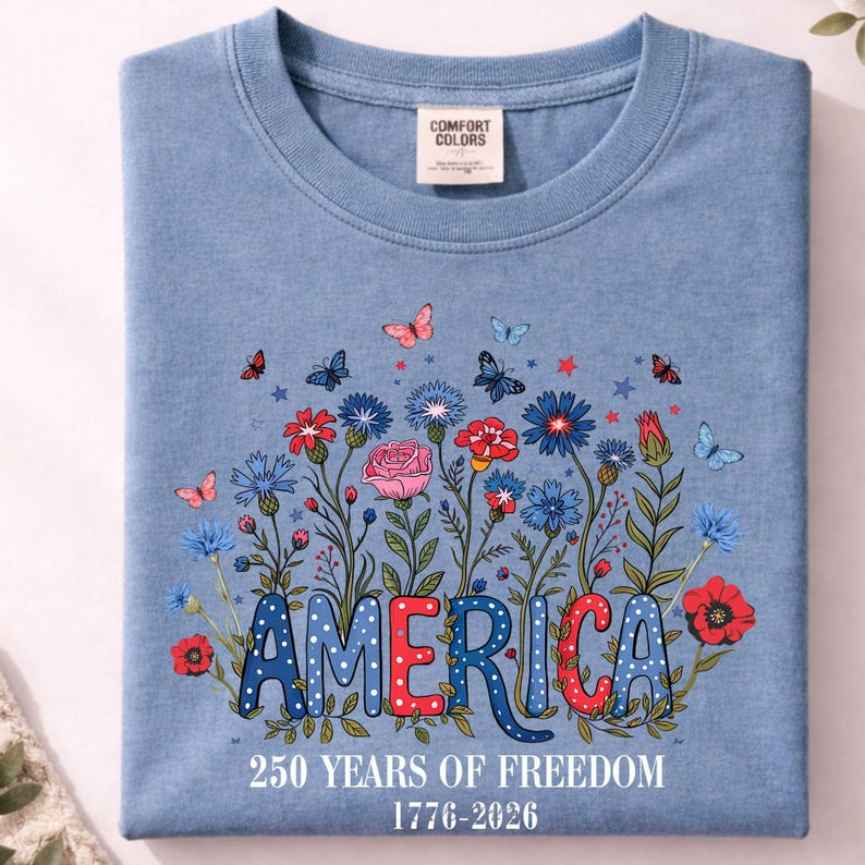 Custom America 250th Anniversary Floral Shirt, Wildflower Independence Day Tee 1776-2026 Patriotic Gift