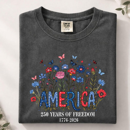 Custom America 250th Anniversary Floral Shirt, Wildflower Independence Day Tee 1776-2026 Patriotic Gift