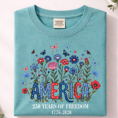 Custom America 250th Anniversary Floral Shirt, Wildflower Independence Day Tee 1776-2026 Patriotic Gift