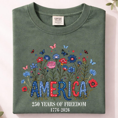 Custom America 250th Anniversary Floral Shirt, Wildflower Independence Day Tee 1776-2026 Patriotic Gift