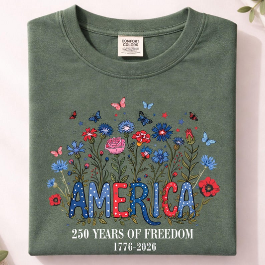Custom America 250th Anniversary Floral Shirt, Wildflower Independence Day Tee 1776-2026 Patriotic Gift