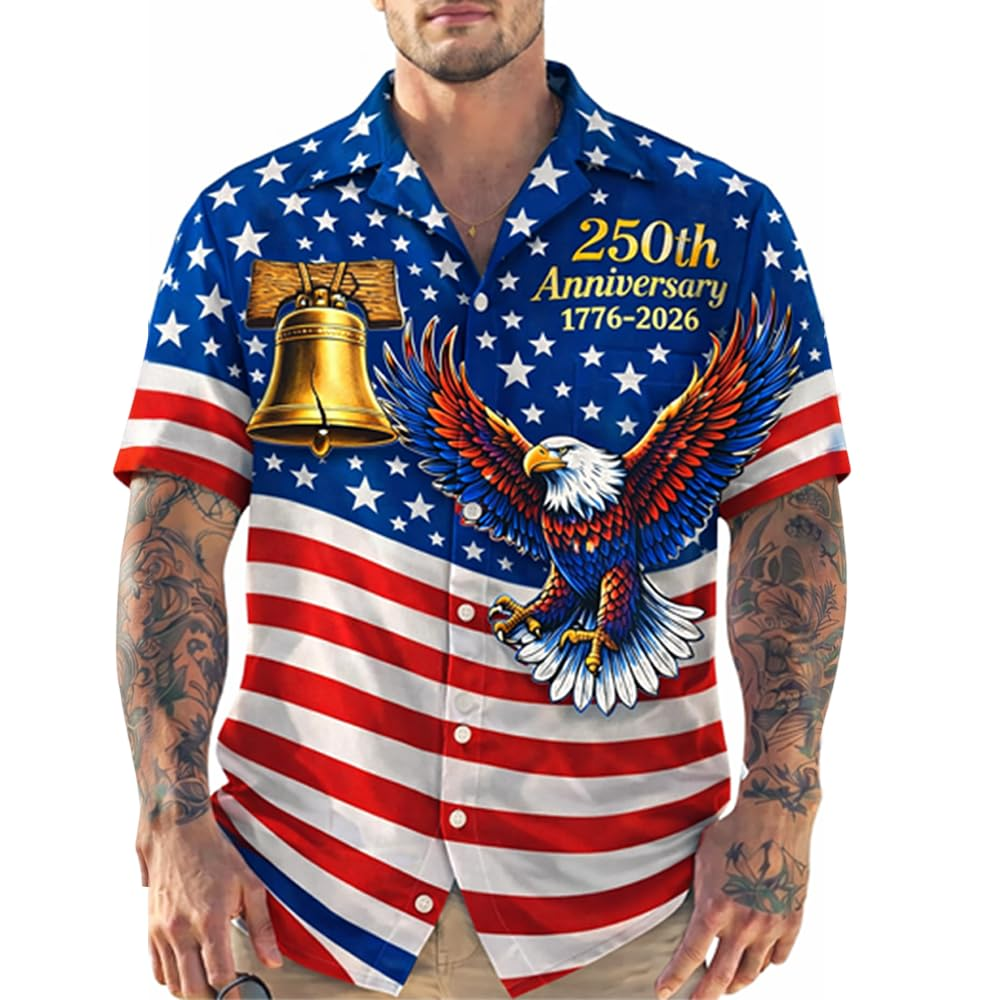 Custom 250th Anniversary USA Hawaiian Shirt, Patriotic Eagle 1776-2026 Independence Day Tee for Men