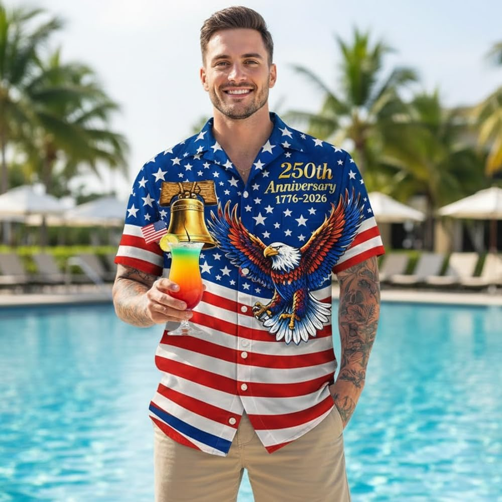 Custom 250th Anniversary USA Hawaiian Shirt, Patriotic Eagle 1776-2026 Independence Day Tee for Men