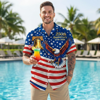 Custom 250th Anniversary USA Hawaiian Shirt, Patriotic Eagle 1776-2026 Independence Day Tee for Men
