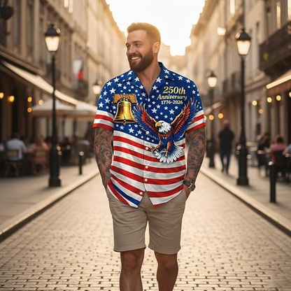 Custom 250th Anniversary USA Hawaiian Shirt, Patriotic Eagle 1776-2026 Independence Day Tee for Men