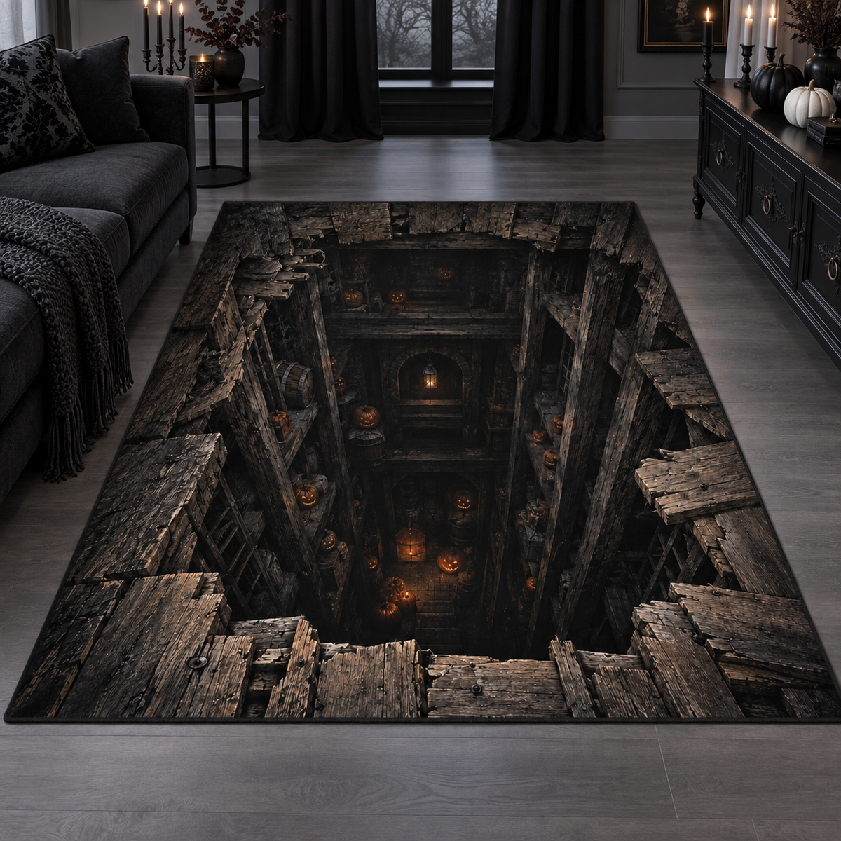 Halloween Haunted Pit 3D Velvet Carpet, Spooky Horror Illusion Area Rug