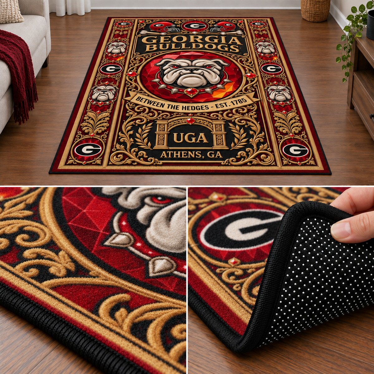 Georgia Bulldogs Carpet Velvet Rug – UGA Football Fan Area Rug, Game Room Decor