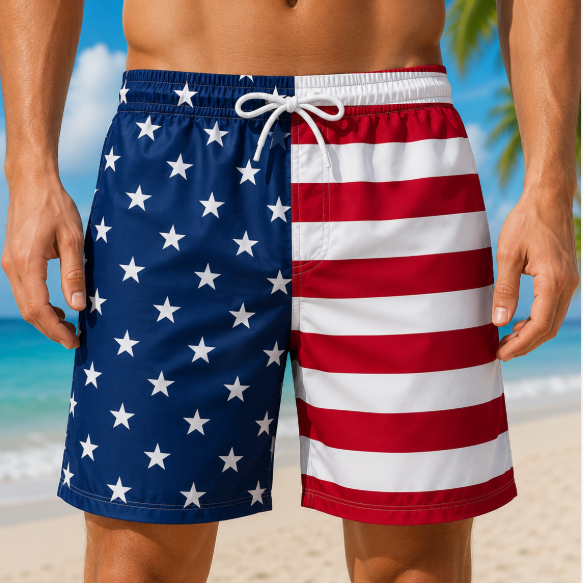 American Flag Hawaiian Swim Trunks with Heart Back Cutout, Funny Patriotic Beach Shorts, Men's Quick Dry Summer Board Shorts