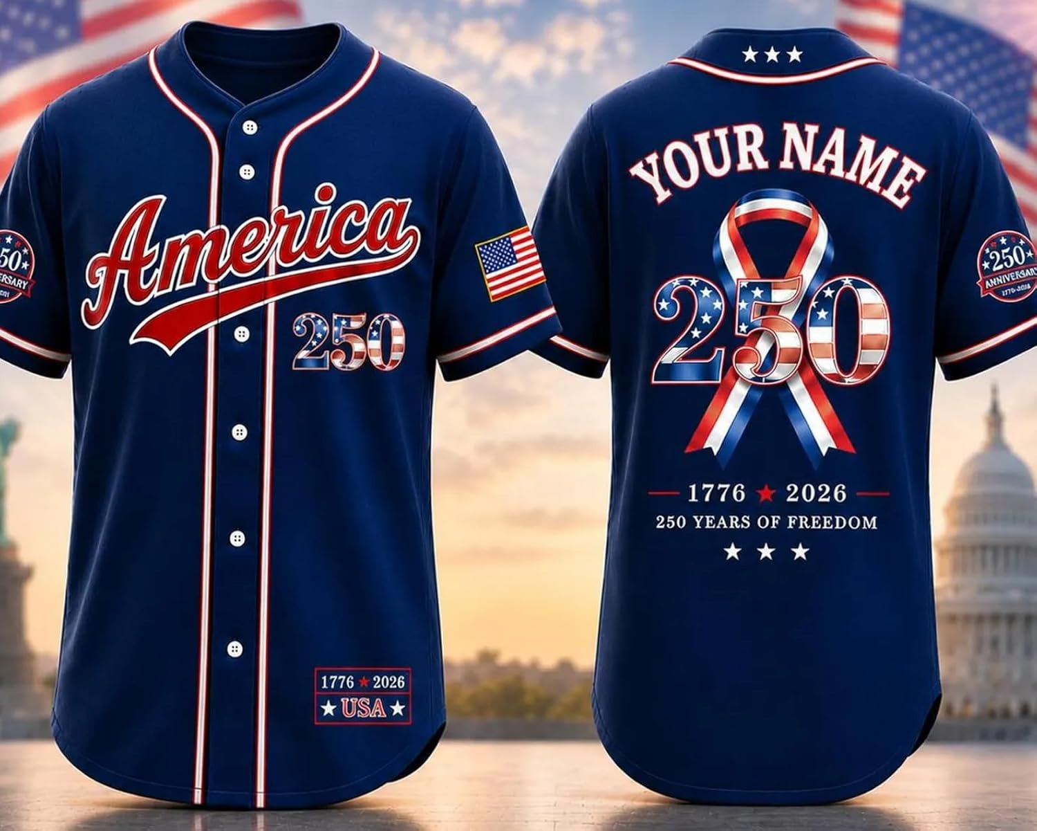 Personalized USA Baseball Jersey Custom Name Number Button Down Sports Shirt Patriotic American Flag Team for Men Women