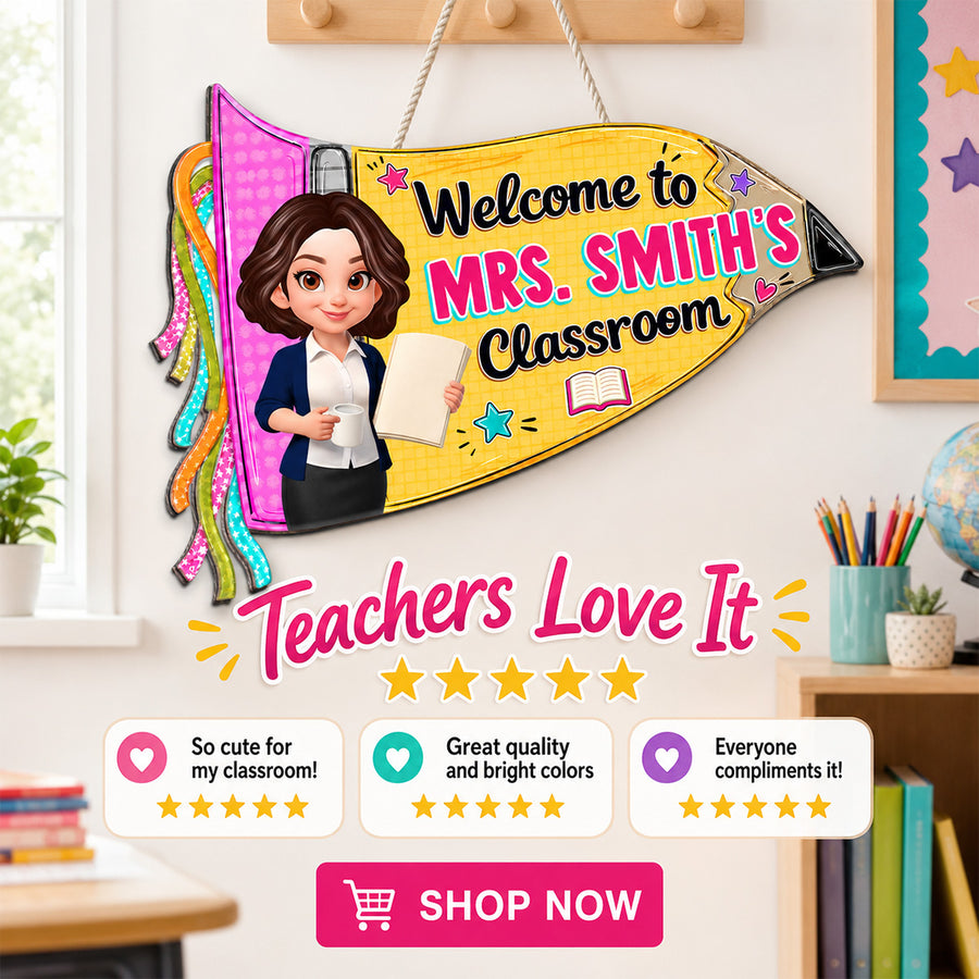 Pencil Pennant Flag Welcome To Teacher Classroom - Personalized Door Hanger