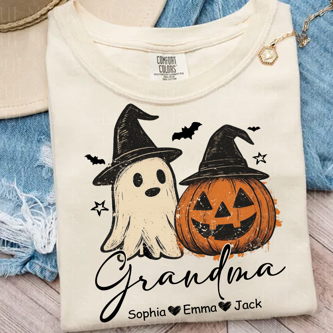 Comfort Colors® Grandma Floral Pumpkin, Ghost Pumpkin And Grandkids T-Shirt