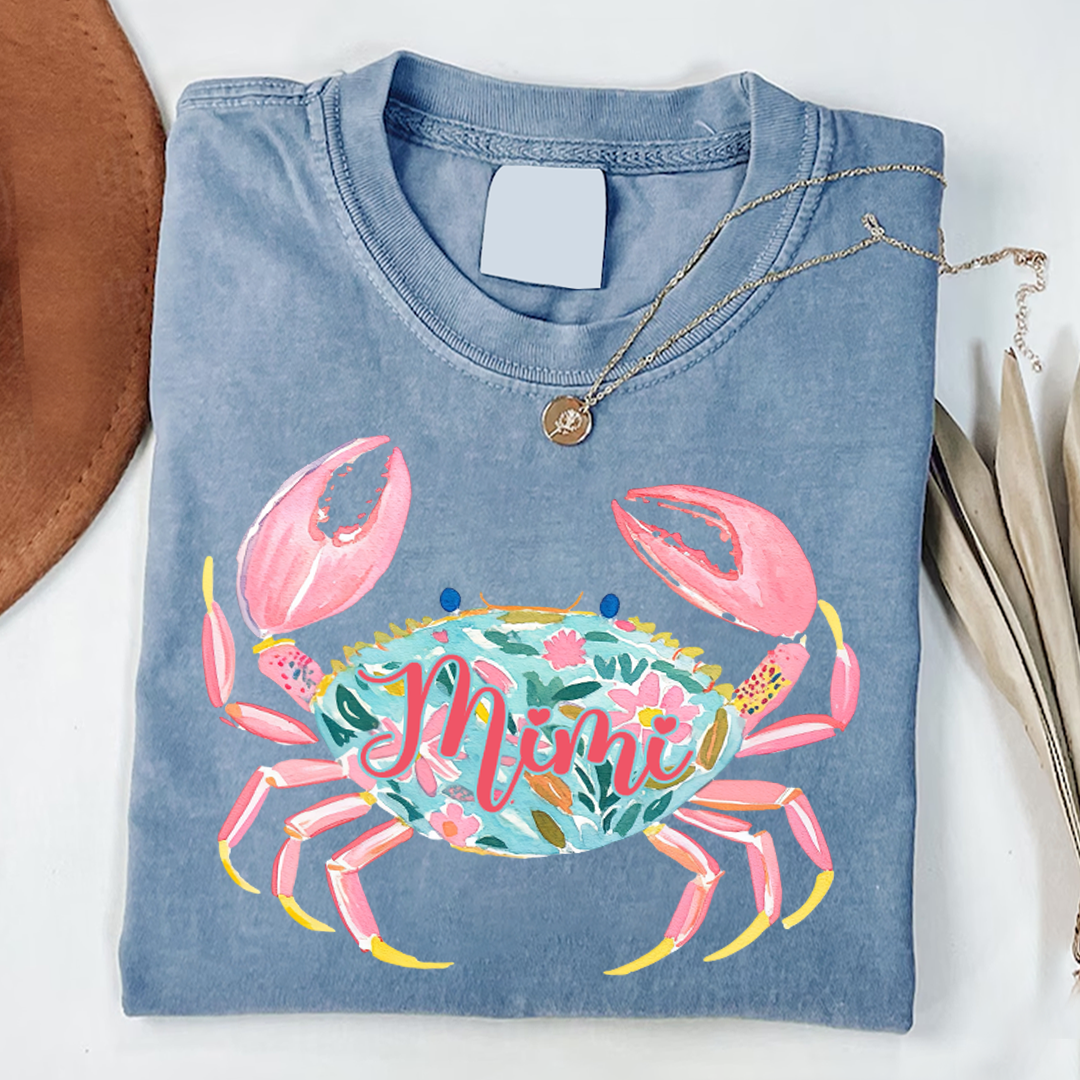 Comfort Colors® Personalized Mimi Crab Shirt, Custom Grandma Beach Shirt, Cute Floral Crab Summer Tee, Ocean Vacation Gift for Mimi Nana Gigi, Birthday Mothers Day Shirt