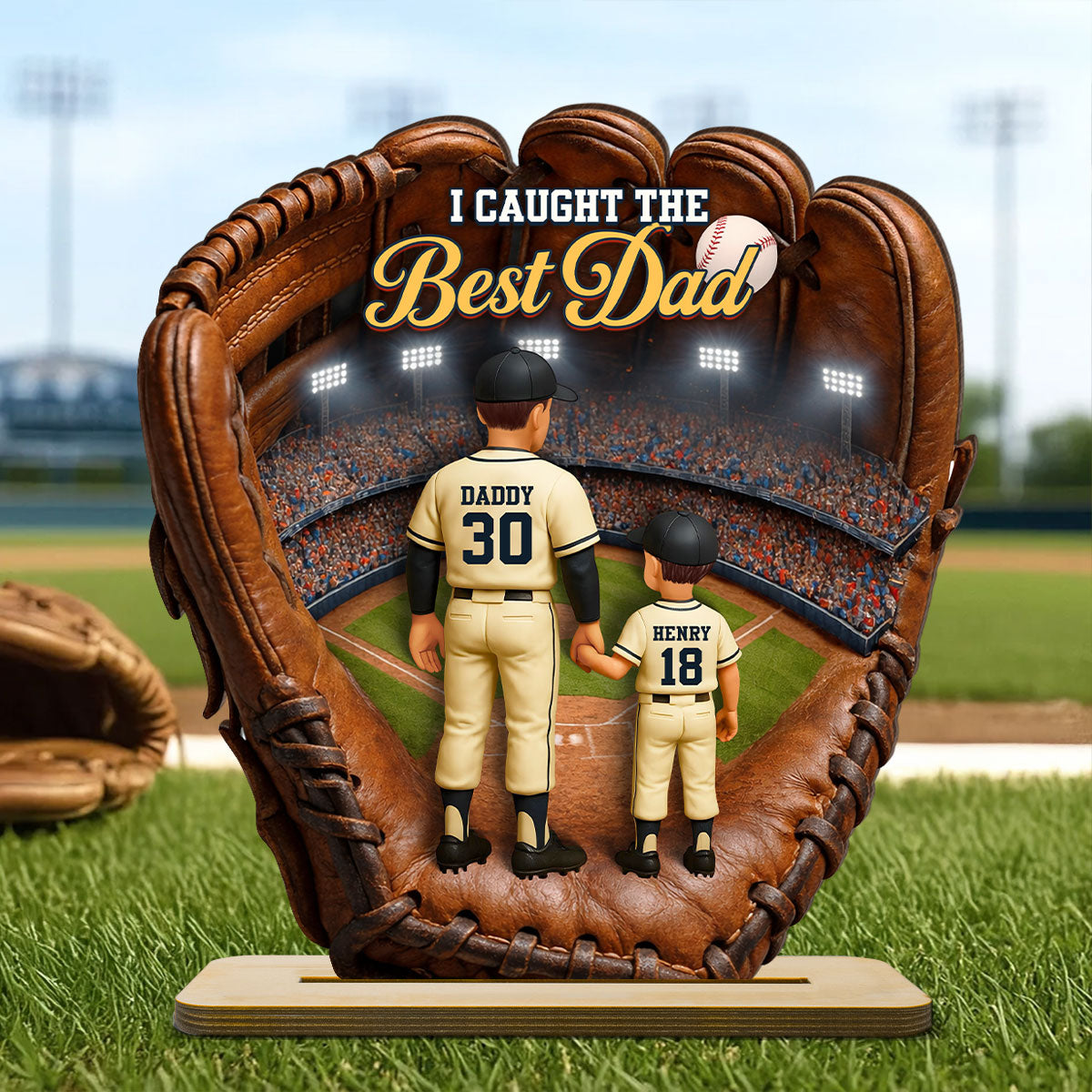 Personalized Baseball Glove Wooden Plaque for Dad – Custom Baseball Dad Gift with Kids Names, Father’s Day Decor 2-Layered Wooden Plaque