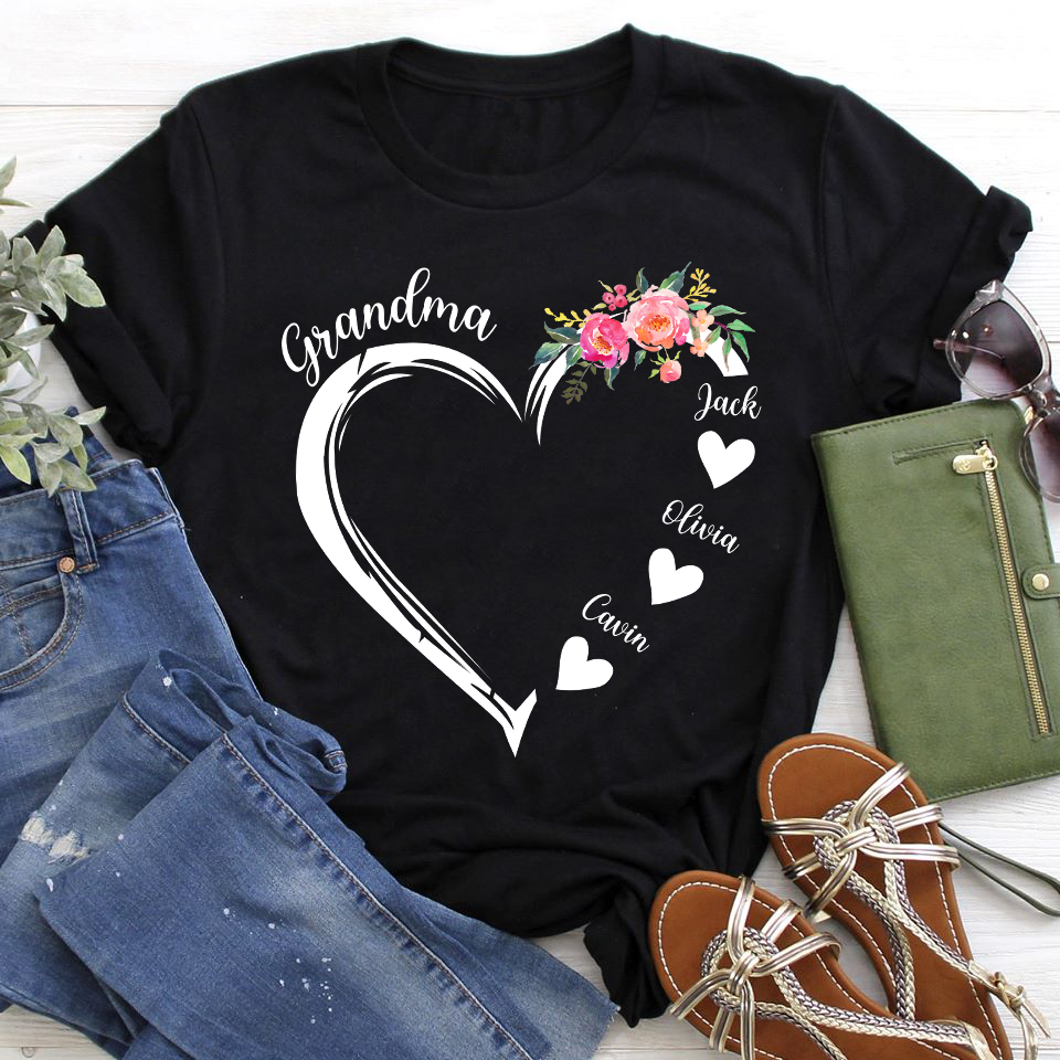 Custom Grandma Flower Shirt, Grandma Heart Shirt, Nana Shirt With Grandkids Name, Gift For Grandma, Mother's Day Shirt