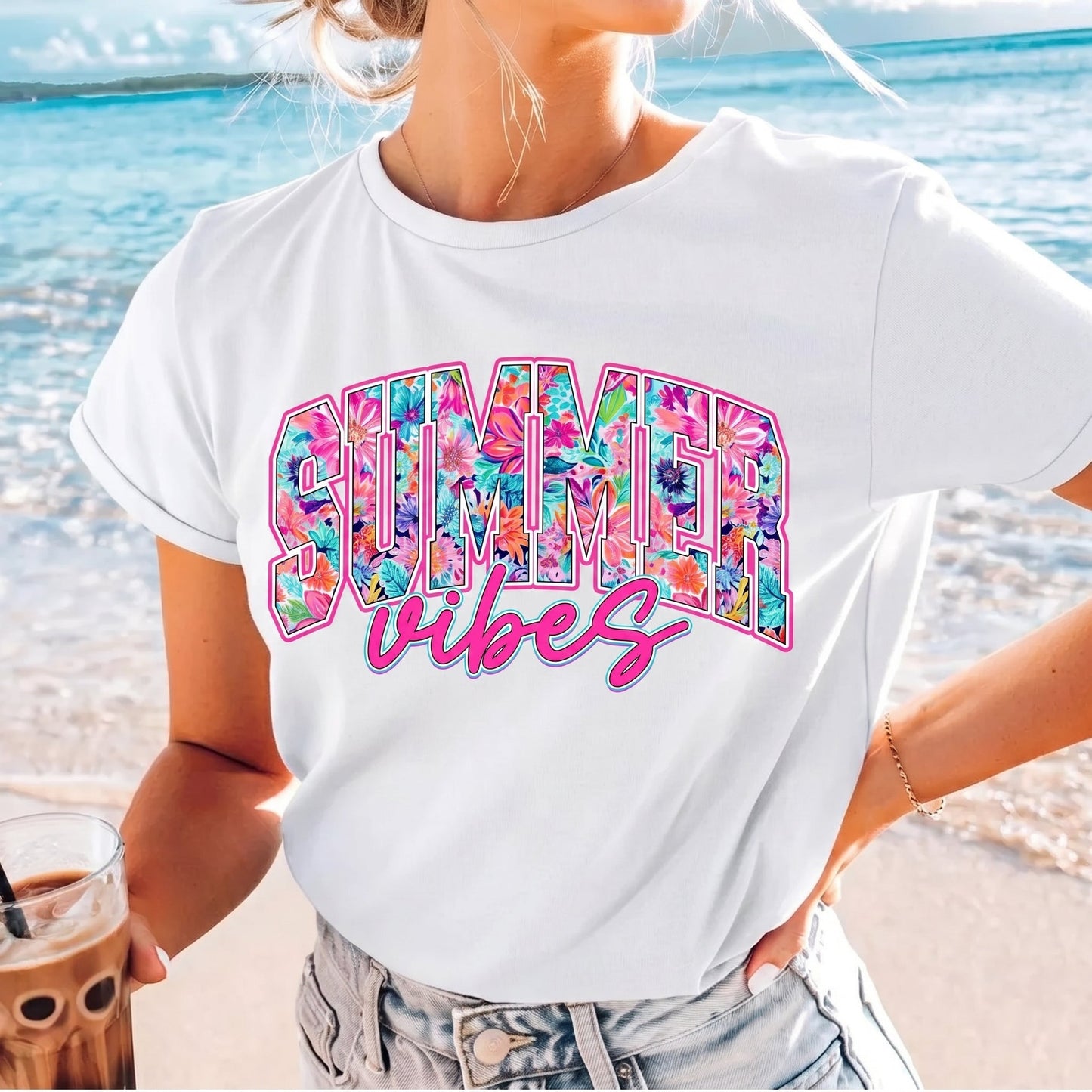 Women's Summer Vibes T-Shirt, Cute Colorful Flower Beach Vacation Casual Short Sleeve Cotton Top