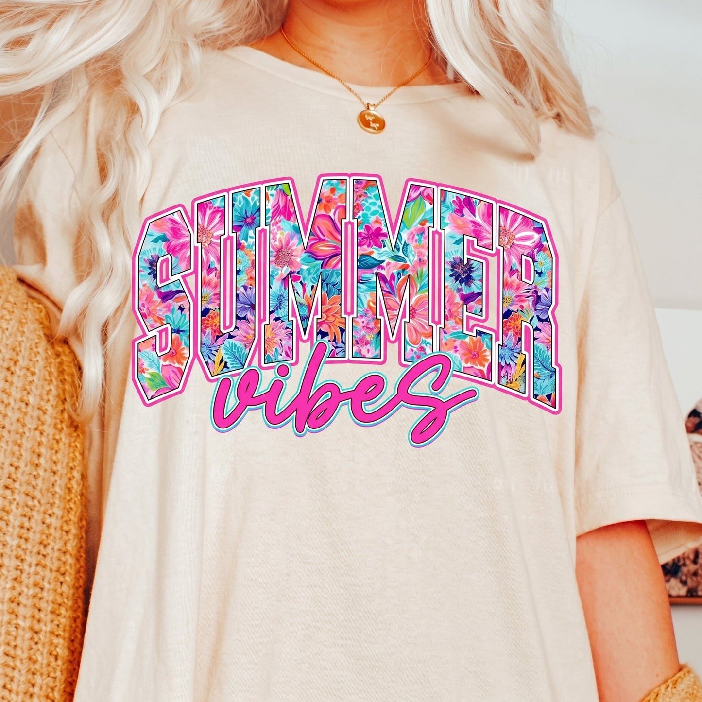 Women's Summer Vibes T-Shirt, Cute Colorful Flower Beach Vacation Casual Short Sleeve Cotton Top