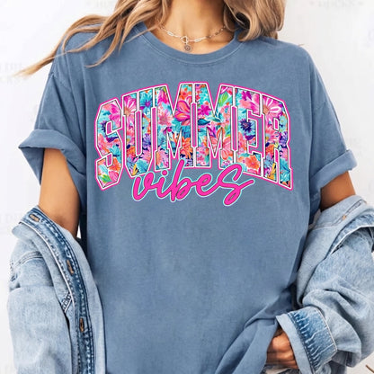 Women's Summer Vibes T-Shirt, Cute Colorful Flower Beach Vacation Casual Short Sleeve Cotton Top
