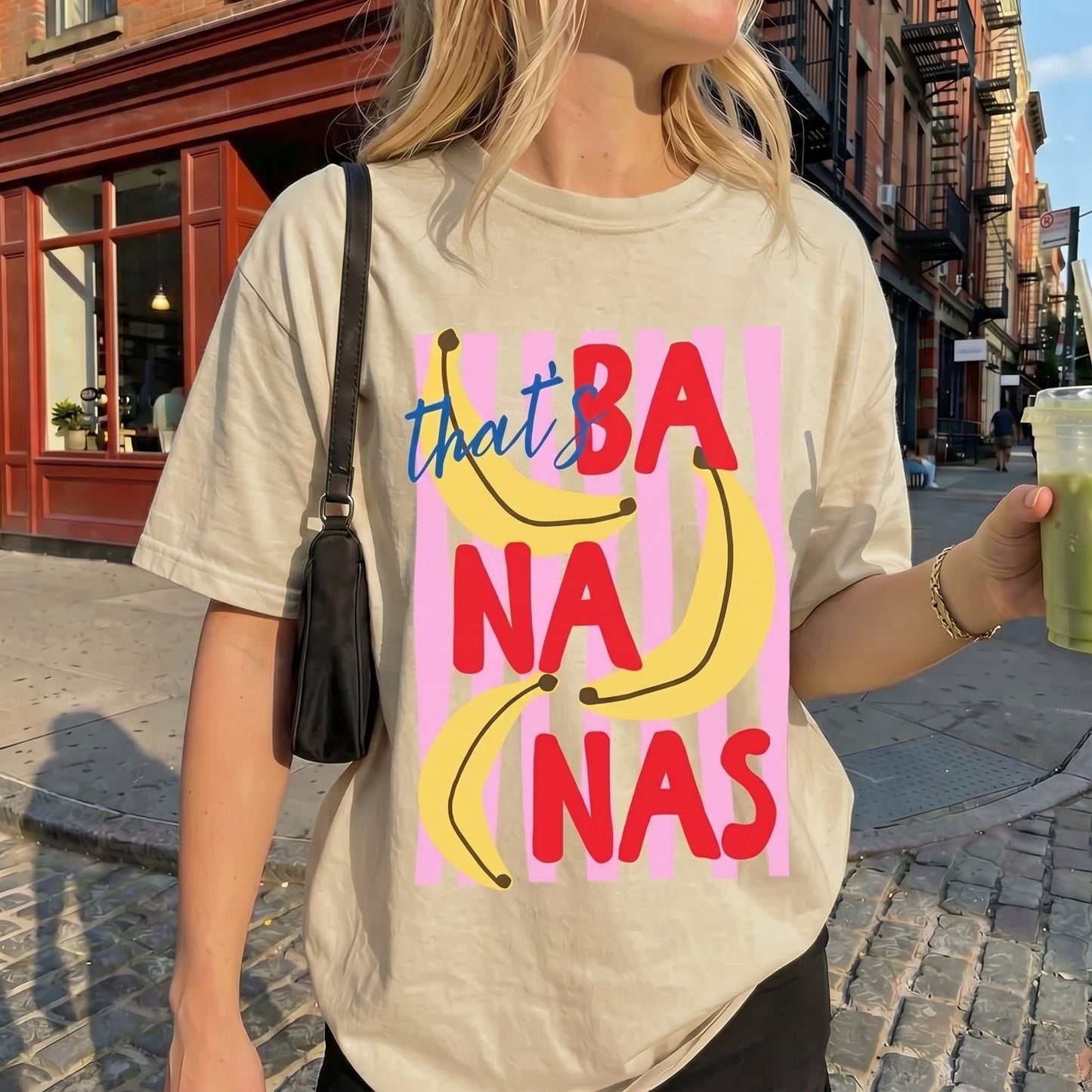 That's Bananas Shirt, Personalized Fruit Graphic T-Shirt, Trendy Y2K Aesthetic Sand Tee, Cute Banana Pink Striped Summer Top, Fun Quirky Gift