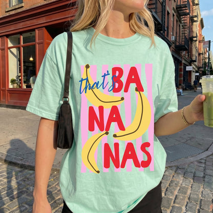That's Bananas Shirt, Personalized Fruit Graphic T-Shirt, Trendy Y2K Aesthetic Sand Tee, Cute Banana Pink Striped Summer Top, Fun Quirky Gift