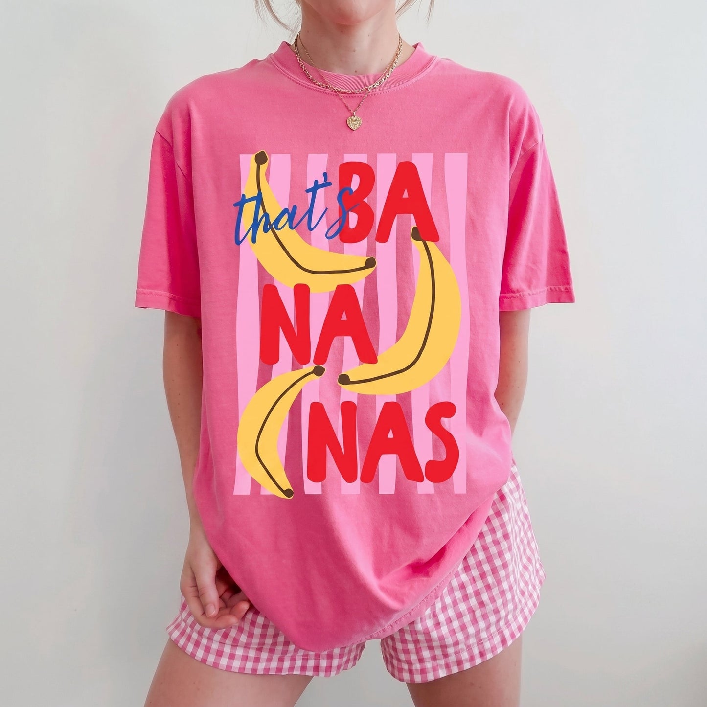 That's Bananas Shirt, Personalized Fruit Graphic T-Shirt, Trendy Y2K Aesthetic Sand Tee, Cute Banana Pink Striped Summer Top, Fun Quirky Gift