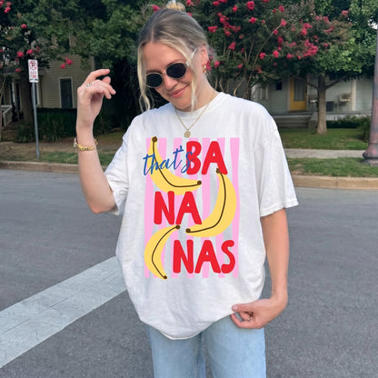 That's Bananas Shirt, Personalized Fruit Graphic T-Shirt, Trendy Y2K Aesthetic Sand Tee, Cute Banana Pink Striped Summer Top, Fun Quirky Gift