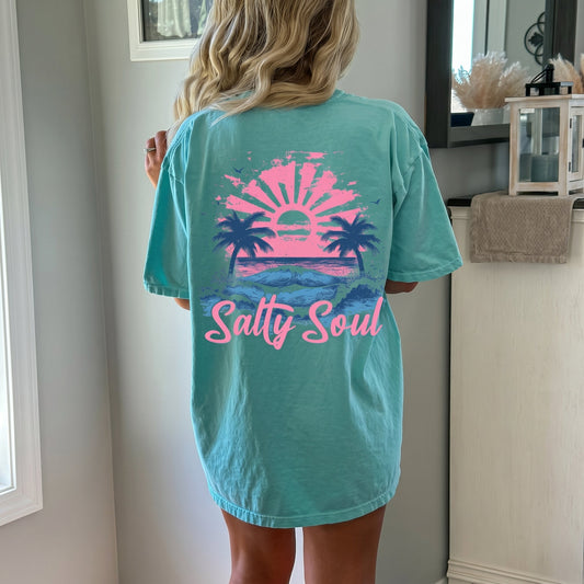Salty Soul Back Print T-Shirt - Retro Beach Sunset Graphic Tee