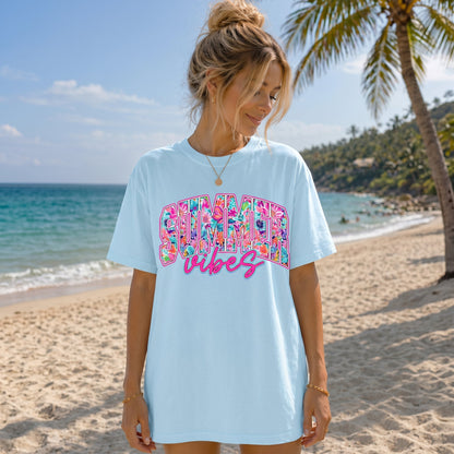 Women's Summer Vibes T-Shirt, Cute Colorful Flower Beach Vacation Casual Short Sleeve Cotton Top