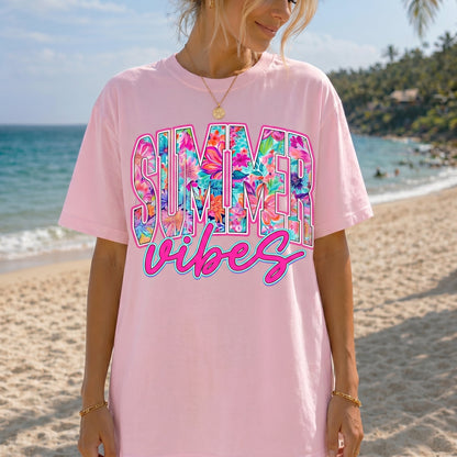 Women's Summer Vibes T-Shirt, Cute Colorful Flower Beach Vacation Casual Short Sleeve Cotton Top