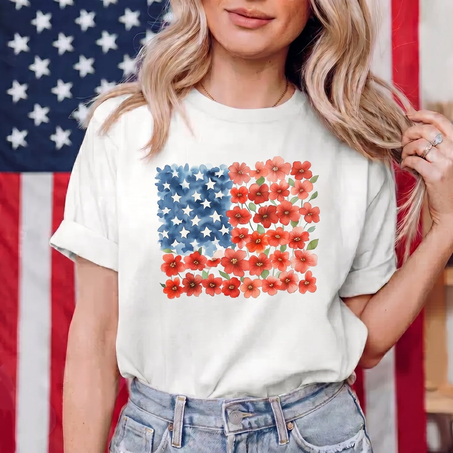 The Watercolor Floral American Flag Graphic TShirt