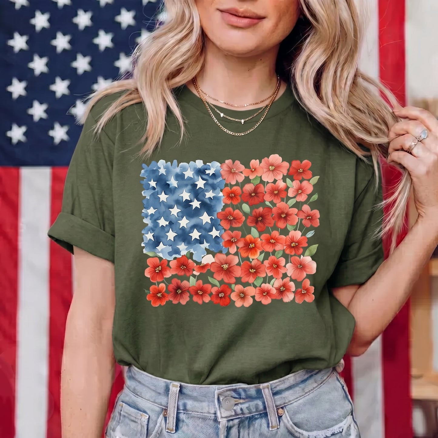 The Watercolor Floral American Flag Graphic TShirt