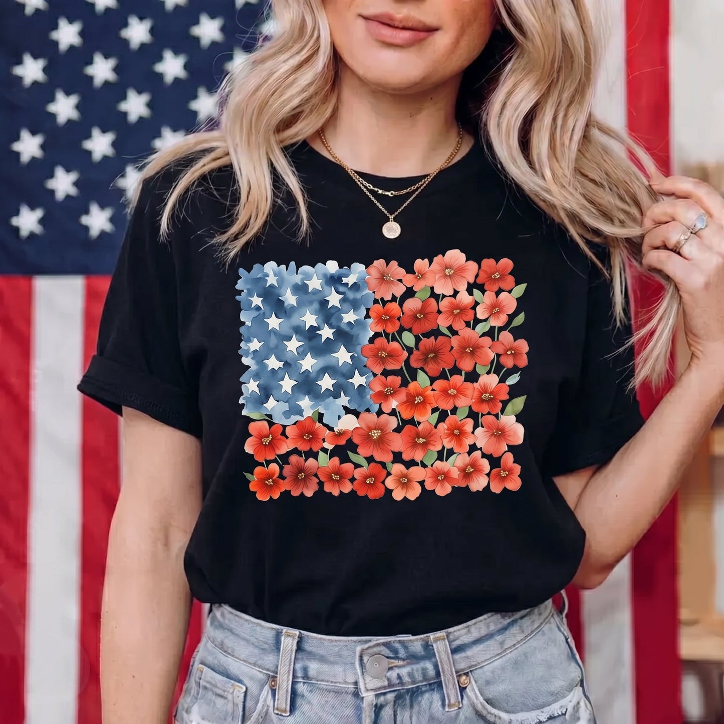The Watercolor Floral American Flag Graphic TShirt