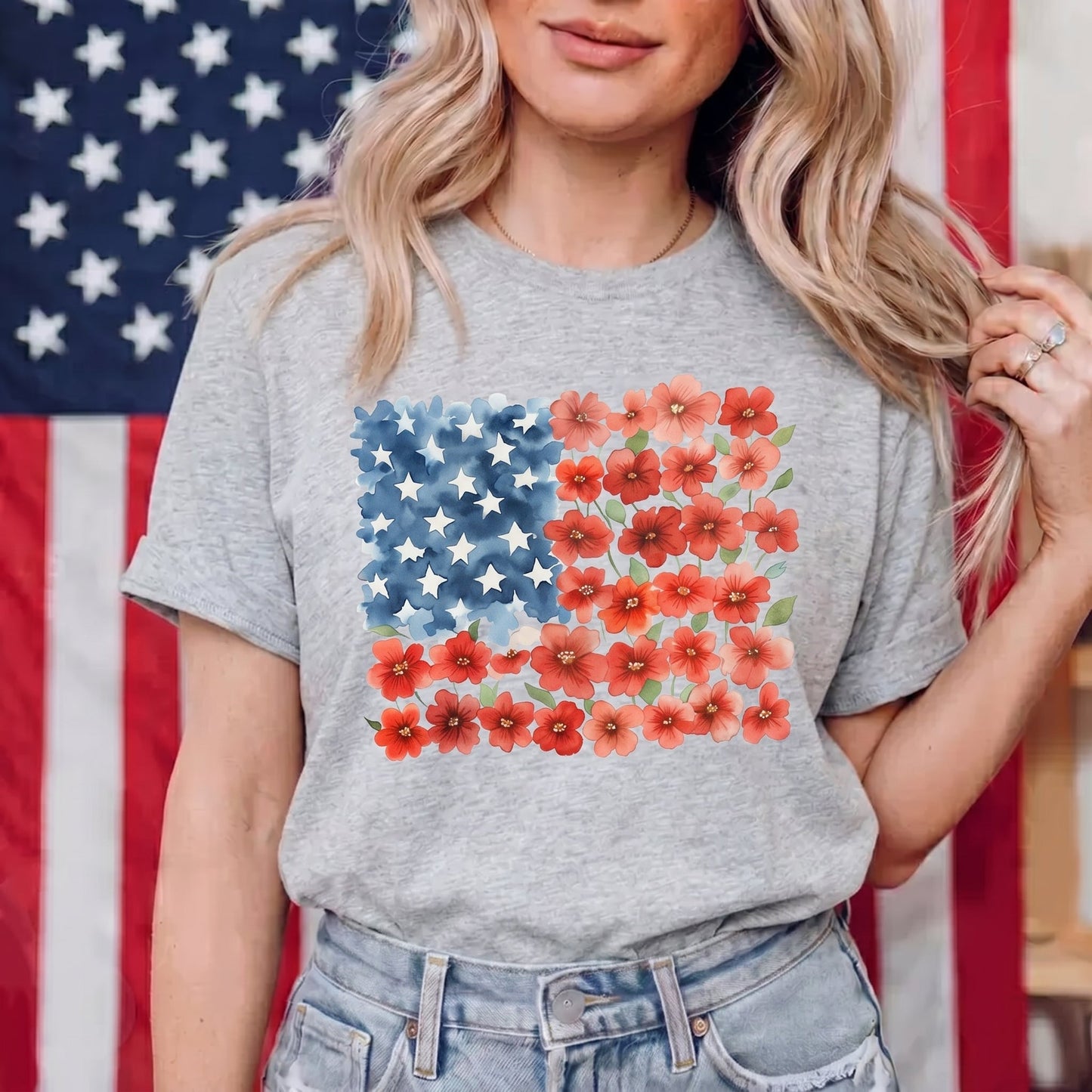 The Watercolor Floral American Flag Graphic TShirt