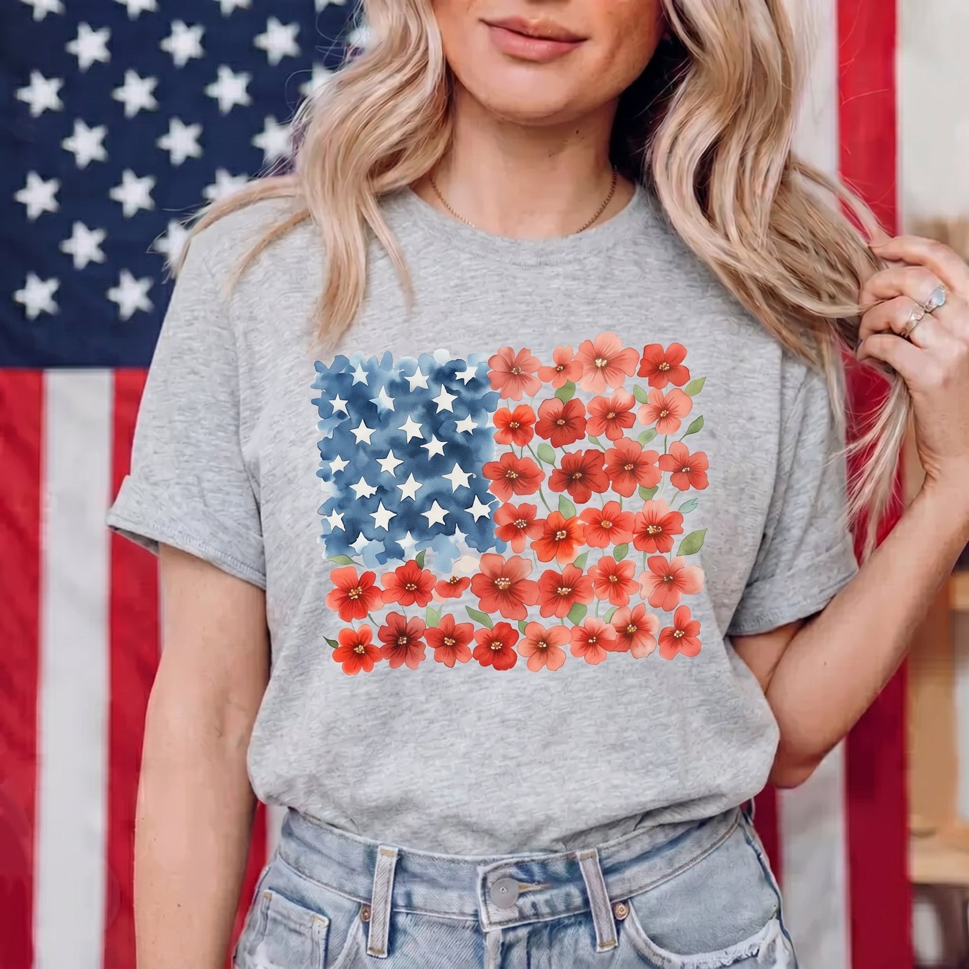 The Watercolor Floral American Flag Graphic TShirt
