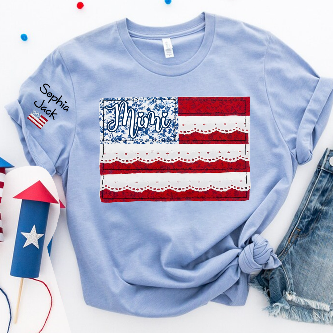 Personalized Mimi Patchwork USA Flag Shirt with Lace Details, Custom Family Name, 4th of July Independence Day T-shirt