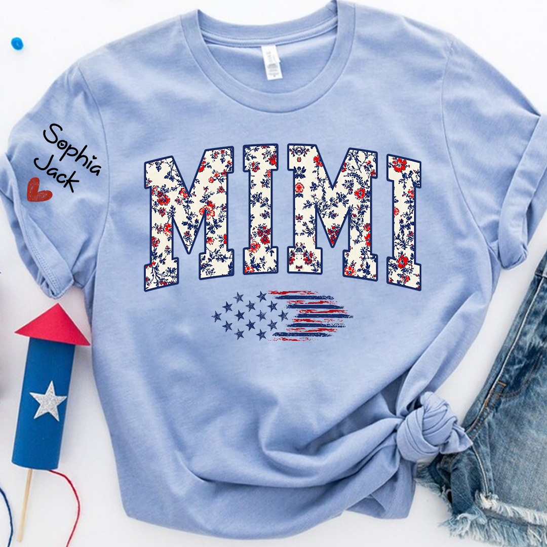 Personalized Floral Mimi Flag American T-shirt - Custom Family Nickname Shirt with USA Flag Design for 4th of July, Perfect for Nana, Gigi, Grandma