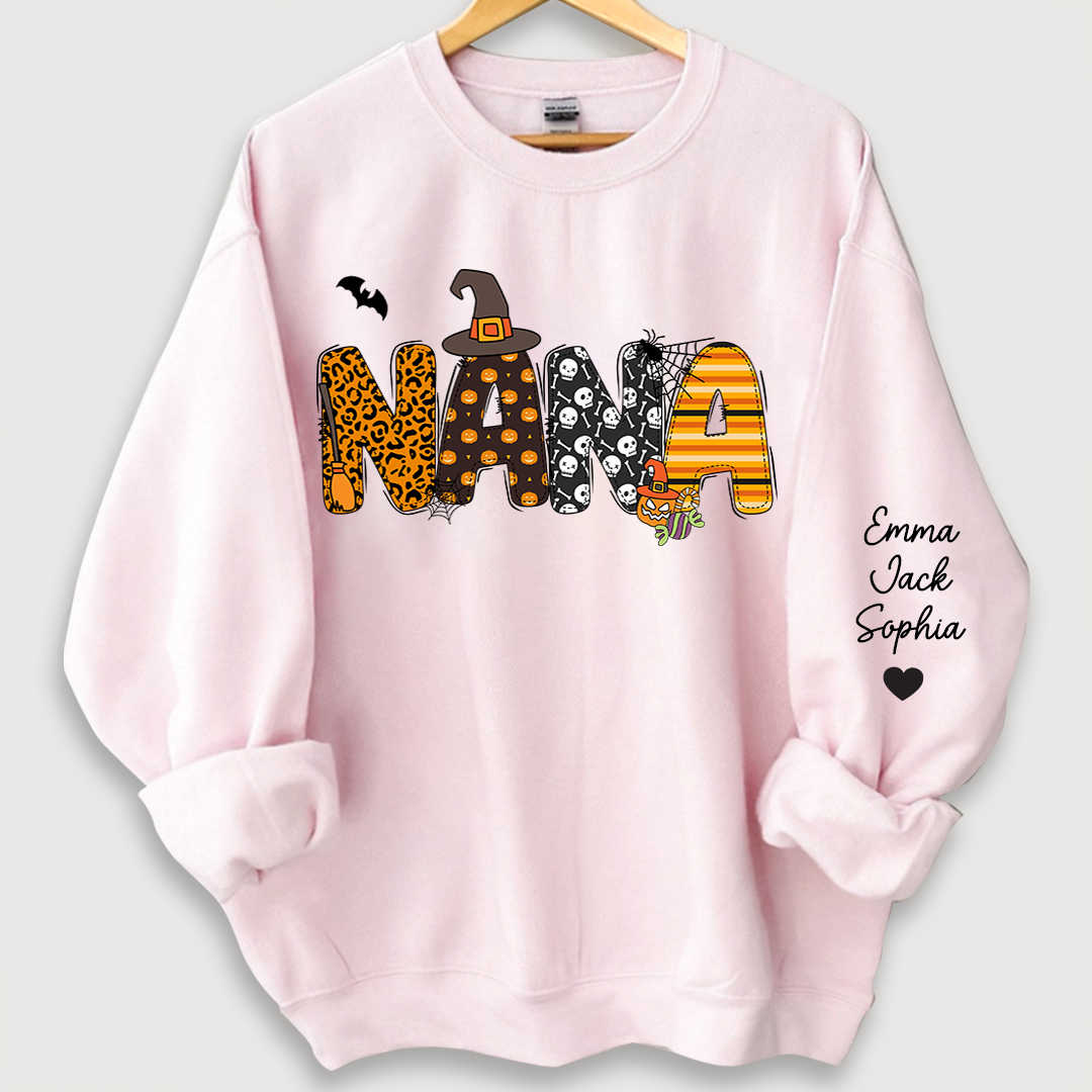 Personalized Halloween Nana Pumpkin Doodle Letters Design And Grandkids Sweatshirt