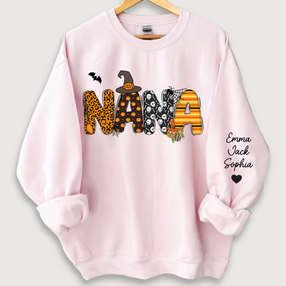 Personalized Halloween Nana Pumpkin Doodle Letters Design And Grandkids Sweatshirt