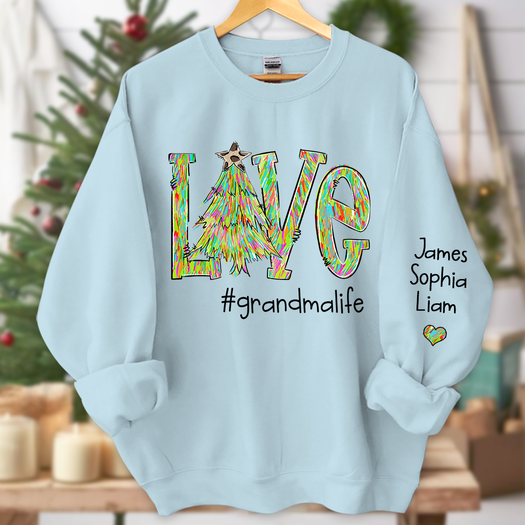 Love Tree Color Leopard Print Merry Christmas Grandmalife and Grandkids on sleeve Sweatshirt