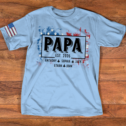 Personalized Papa EST Shirt Custom Kids Names Patriotic American Flag Design, First Time Dad Gift for Grandpa Father Birthday Fathers Day