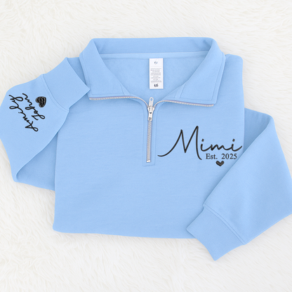 Mimi Heart Est Sweatshirt, Mimi And Grandkids Embroidered Quarter Zip Sweater