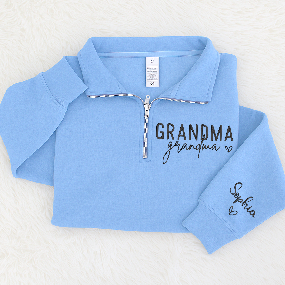 Grandma Heart Sweatshirt, Personalized Grandma And Grandkids Embroidered Quarter Zip Sweater
