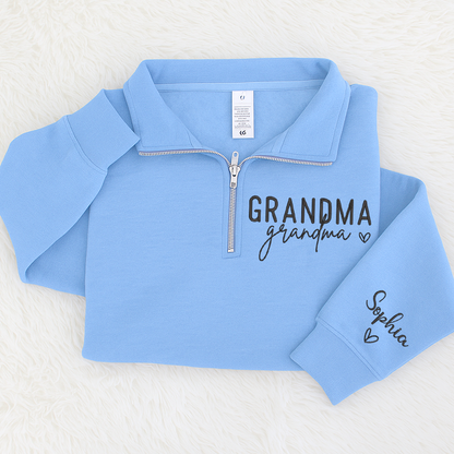 Grandma Heart Sweatshirt, Personalized Grandma And Grandkids Embroidered Quarter Zip Sweater