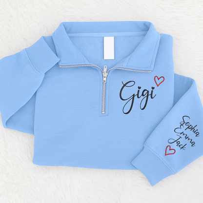 Gigi Heart Sweatshirt, Personalized Gigi Embroidered Quarter Zip Sweater