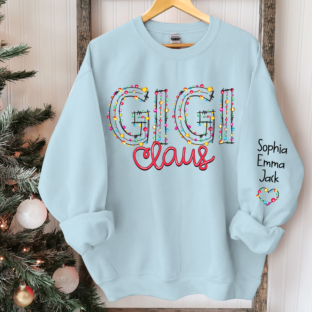 Personalized Gigi Claus Christmas lights And Grandkids Christmas Merry Sweatshirt